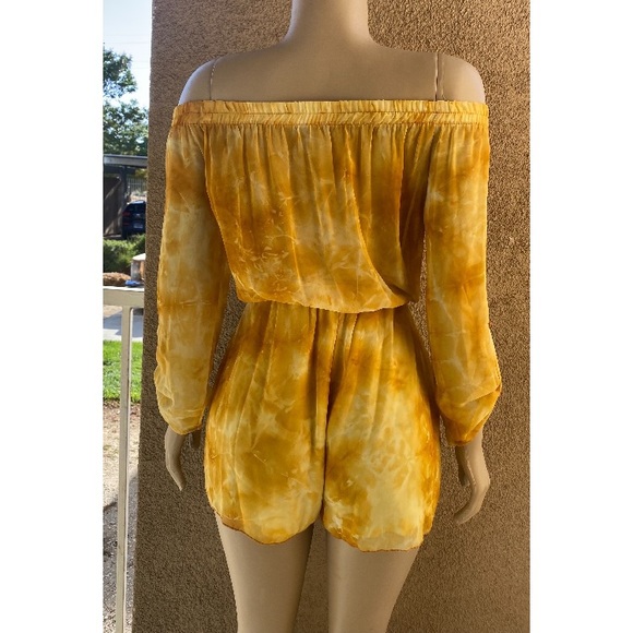 NEW! Yellow Tie Dye Off Shoulder Romper S Left - Picture 5 of 9